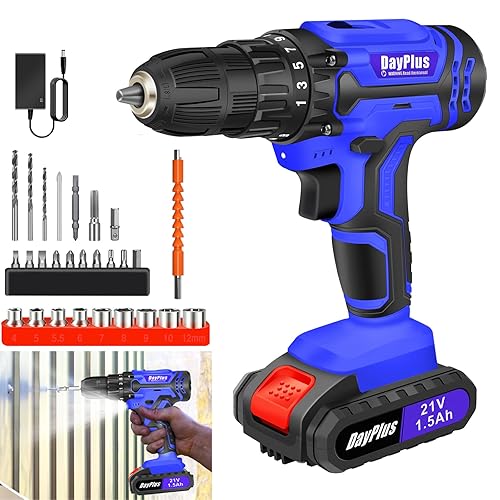 21V1500mAh Lithium-Ion Cordless Drill, Electric Hand Drill Cordless with LED,