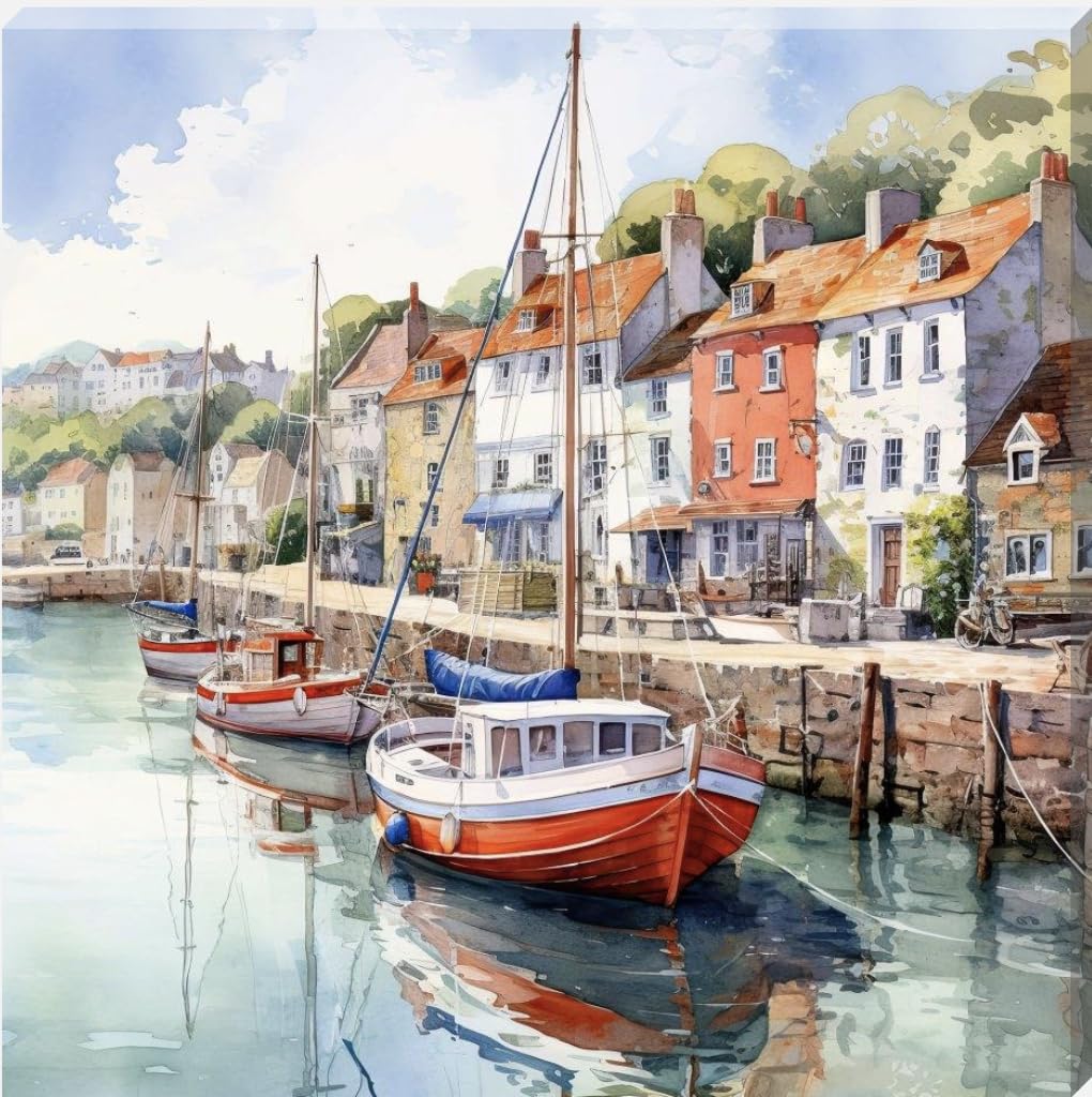 Love By Canvas Multicoloured Picturesque Boats In The Harbour Canvas Wall Art Picture (14” X 14”)