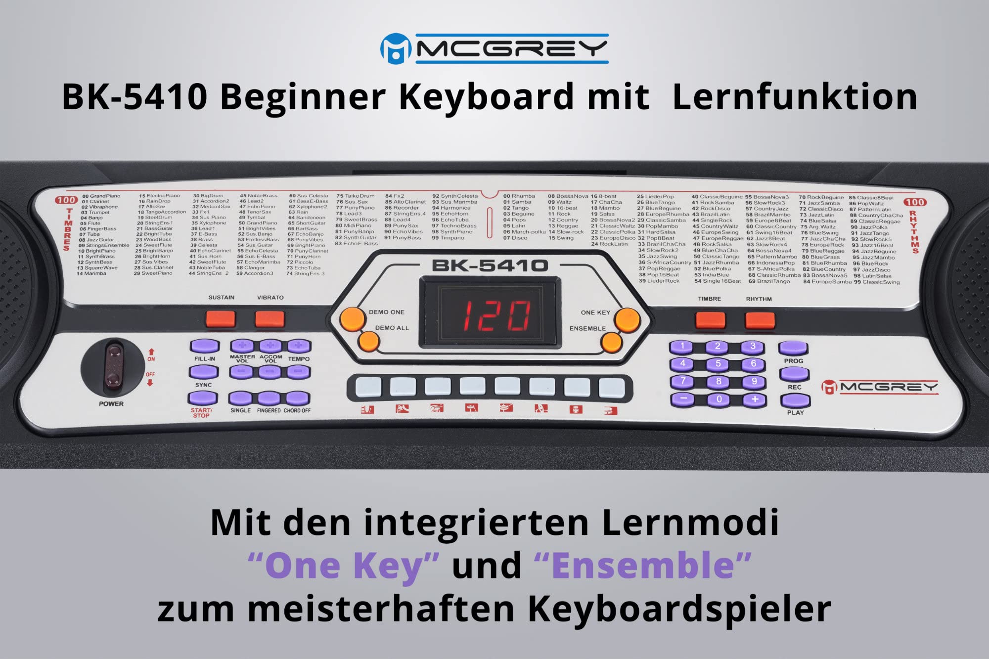 McGrey BK-5410 Beginner-Keyboard Set inkl. höhenverstellbarem Ständer und Sitzbank (54 Tasten, 255 Klangfarben, 255 Rhythmen, 8 Demo Songs, Netzteil, Notenhalter)
