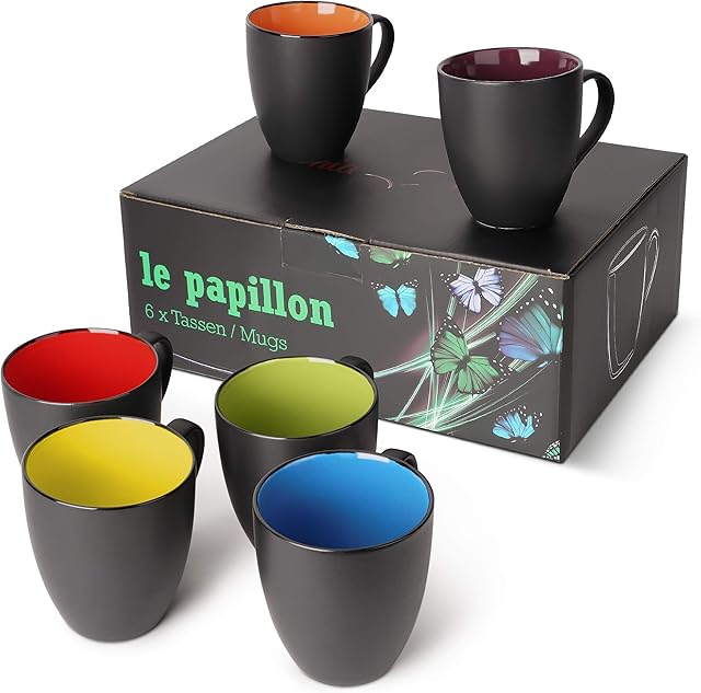 MIAMIO - 6 x 350 ml Stoneware Coffee Mug / Cup Set - Le Papillon Collection (Black-Colourful)