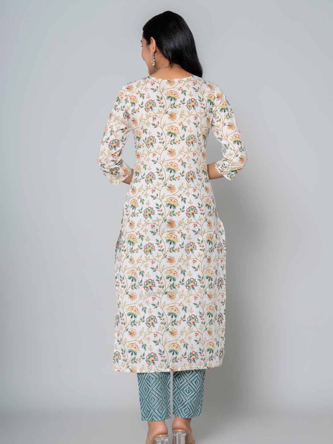 Rytras Women's Cotton Printed Straight Kurta With Pant(Ryt542,Green,L)