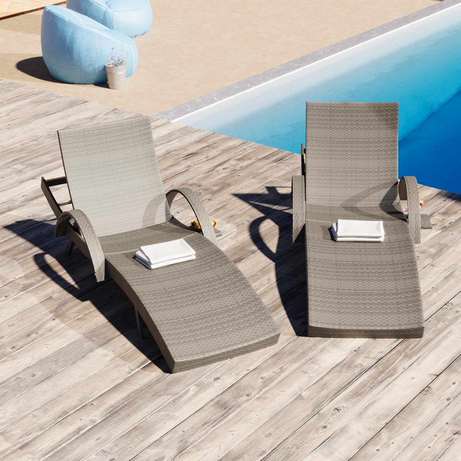 Yayzy 80'' Long Outdoor Wicker Chaise Lounge Chairs Set of 2, Patio Rattan Reclining Chair with Adjustable Backrest & Armrests, Durable PE Rattan