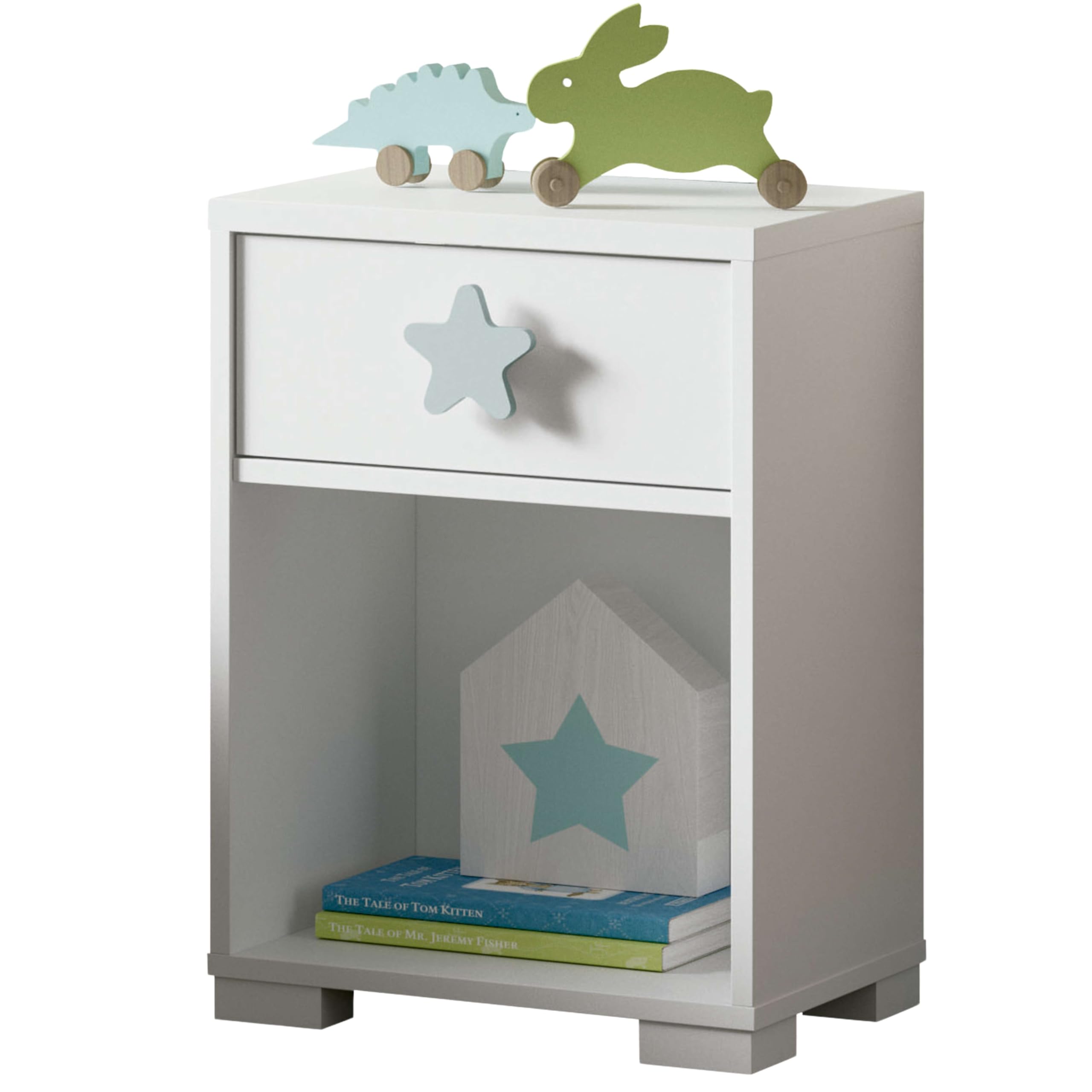 MUEBLES PITARCH | Mesita de Noche 1 Cajón con guías metálicas, Blanca con Estrella Azul-​Gris, 56x40x33cm (Alto x Ancho x Fondo), Dormitorio Infantil, Modelo Sweet