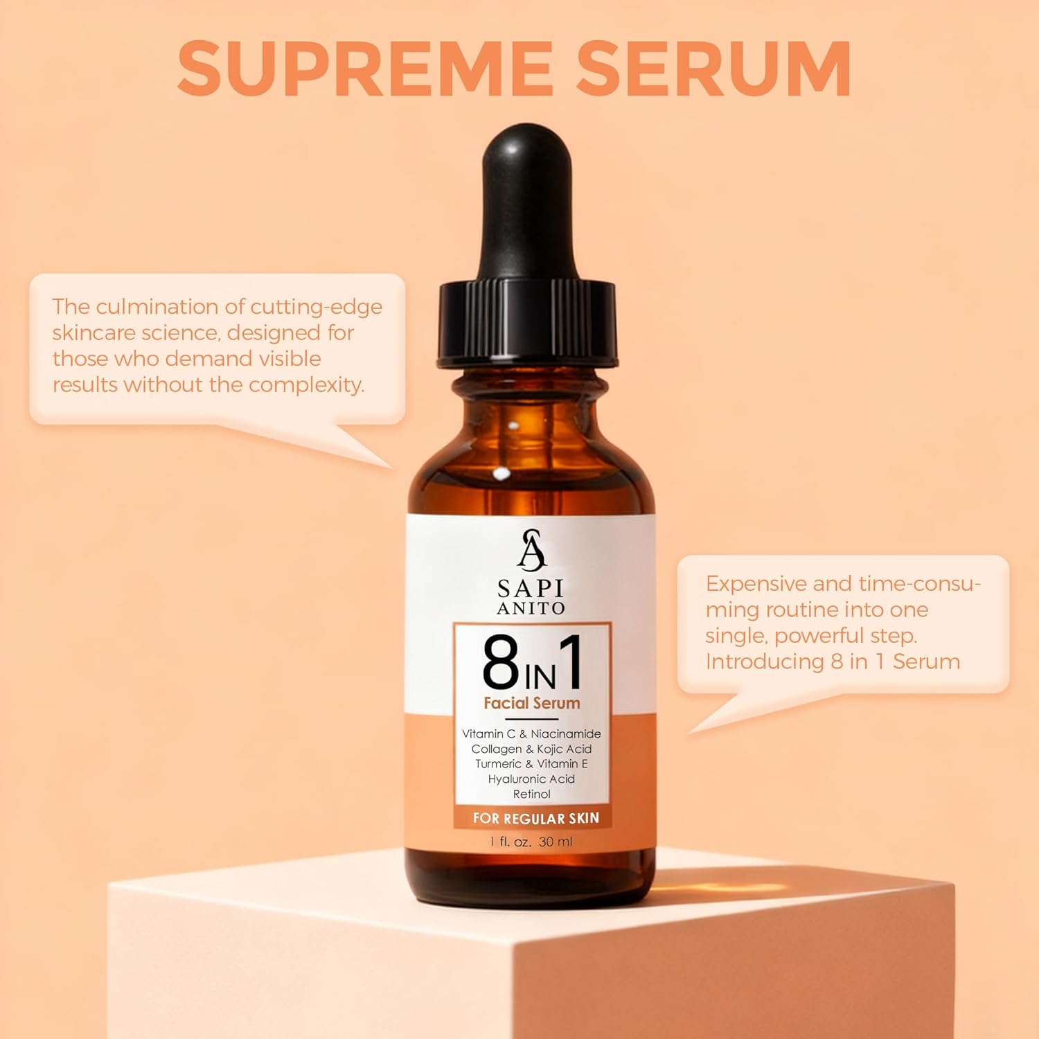 Sapi Anito 8-in-1 Facial Serum for Regular Skin, 1 fl oz (30 ml) – Vitamin C, Niacinamide, Hyaluronic Acid, Retinol, Kojic Acid, Turmeric, Vitamin E & Collagen