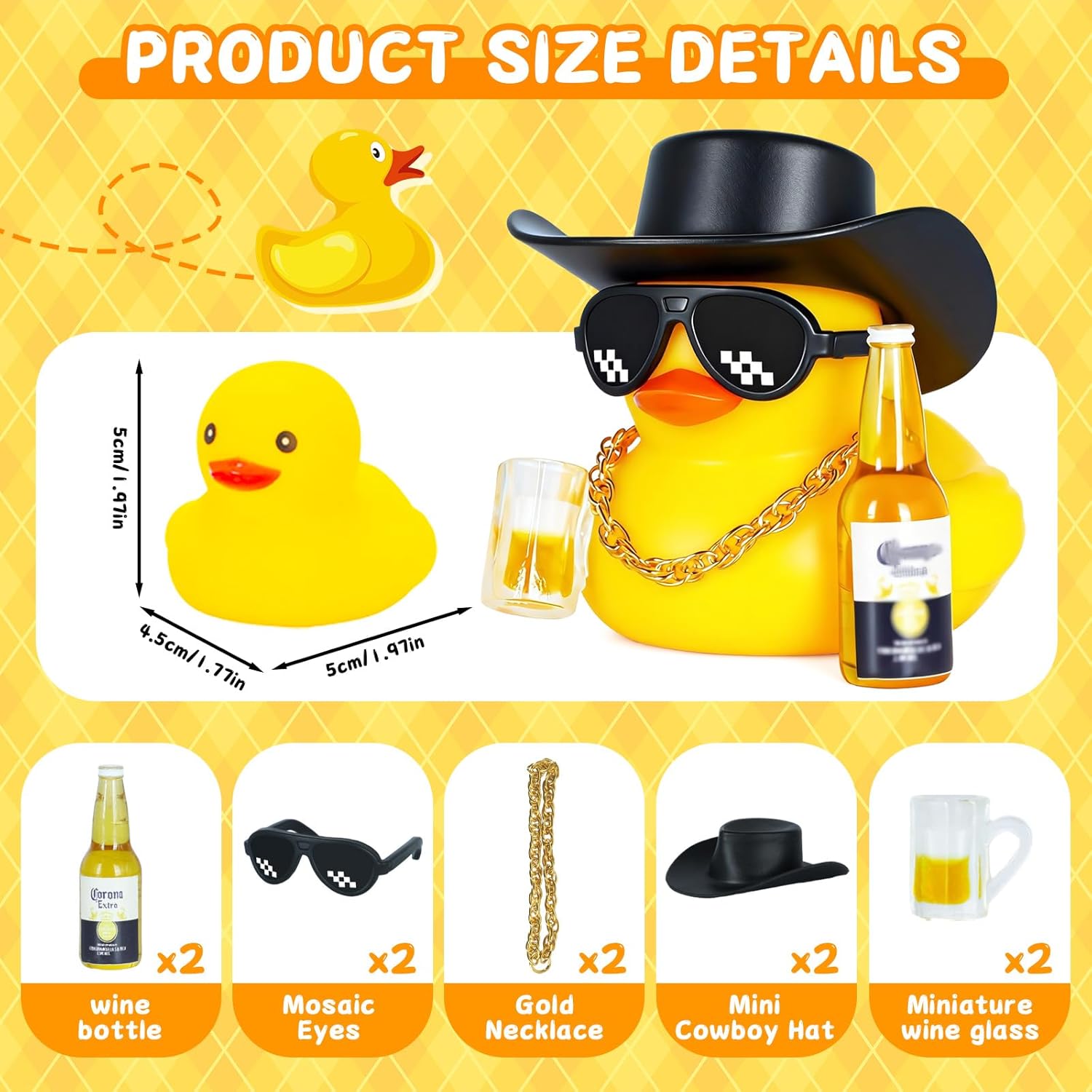 2pcs Rubber Duck Set with Cowboy Hat, Beer Glasses, Sunglasses & Gold Necklace for Car Dashboard Decoration - Squeezable Fun Accessory with Adhesive Stickers