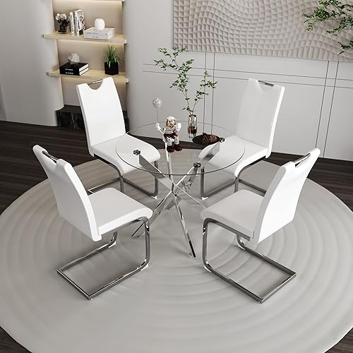 Miniatura 11 de Juego de mesa de comedor redonda de vidrio templado para 4, juego de mesa de cocina moderna de 5 piezas con 4 sillas para cocina y comedor (gris)