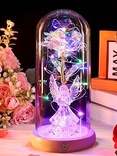 Birthday Gifts for Women Mom USB Galaxy Flower Angel Rose in Glass Dome | Eternal Light Up Roses Crystal Flowers for Delivery Prime Christmas Anniversary Rose Gifts for Mom Women Wife Grandma Her