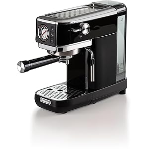 Ariete Espresso Slim Metal 1381, cafetera con manómetro, compatible con café en polvo y cápsulas ESE, 15 bar Max, filtro 1 o 2 tazas, boquilla de capuchino, 1300 W, negro
