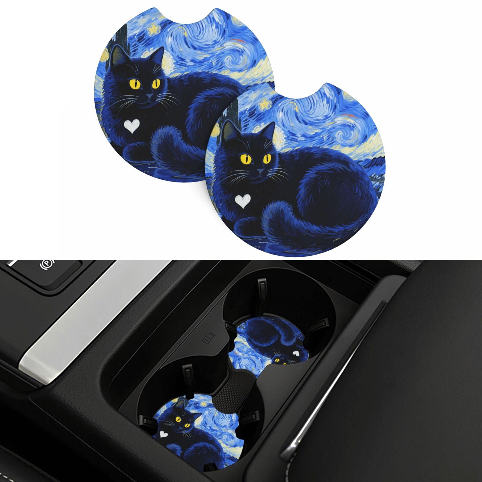 2 Pack Car Coasters,2.7" Universal Car Cup Holder Coasters Non-Slip Neoprene Cup Pad Mat Coaster Car Interior Accessories for Women Men Black Cat