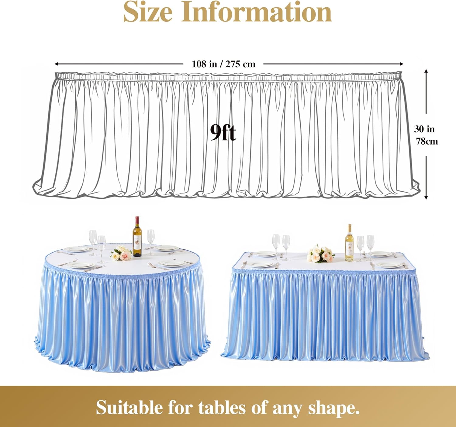 9Ft Baby Blue Satin Table Skirt for Rectangle or Round Tables, Wrinkle-Free & Ruffle Pleated Teacher Desk Skirt Sparkly Spandex Table Skirting for Home Office & Kitchen, Trade Shows, Wedding Party