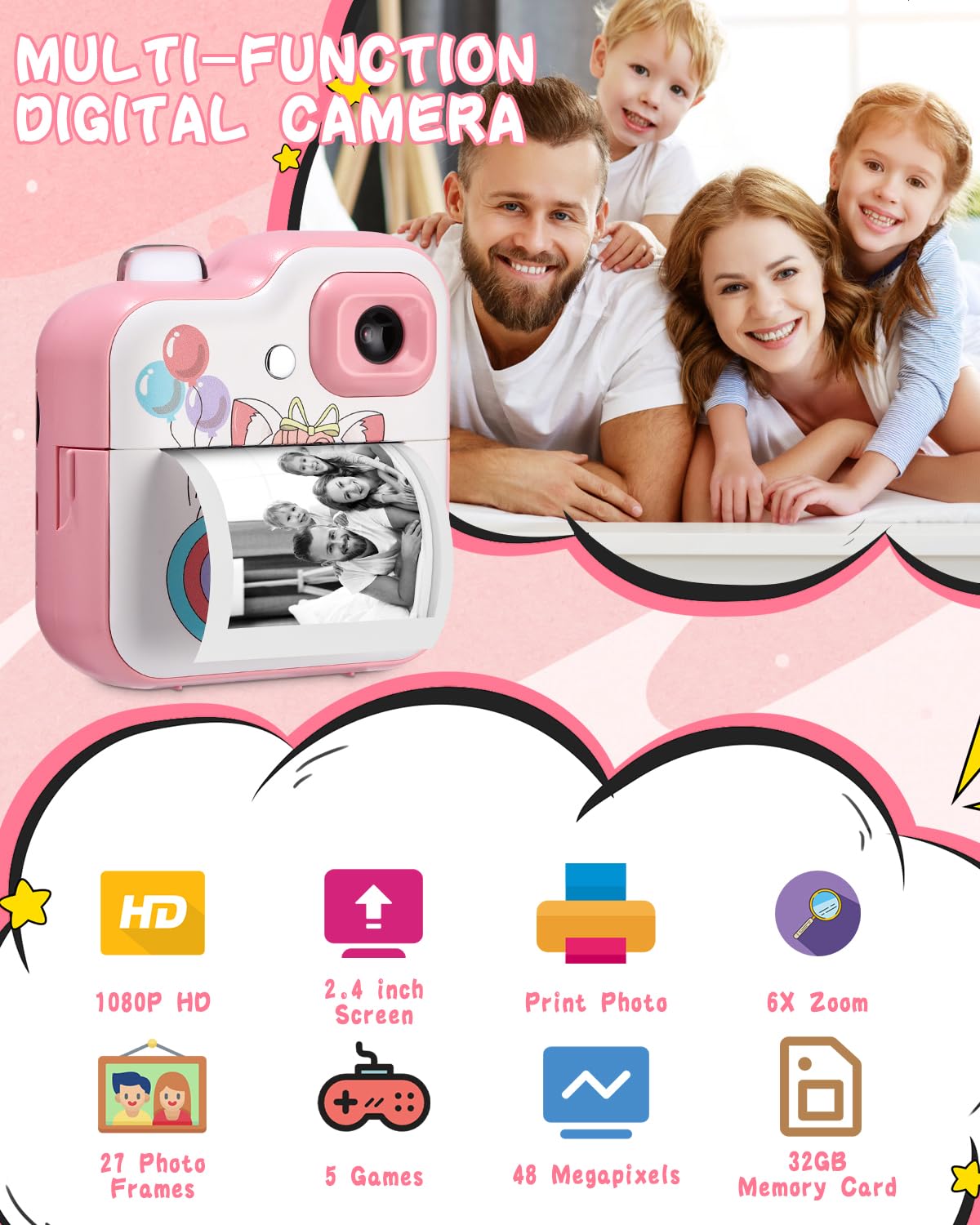 Ixydor bambini fotocamera istantanea, 1080P 2,4 pollici schermo fotocamera digitale bambini con 3 rotoli di carta di stampa e 32 GB di carta, regali per ragazzi e ragazze 3-12 anni