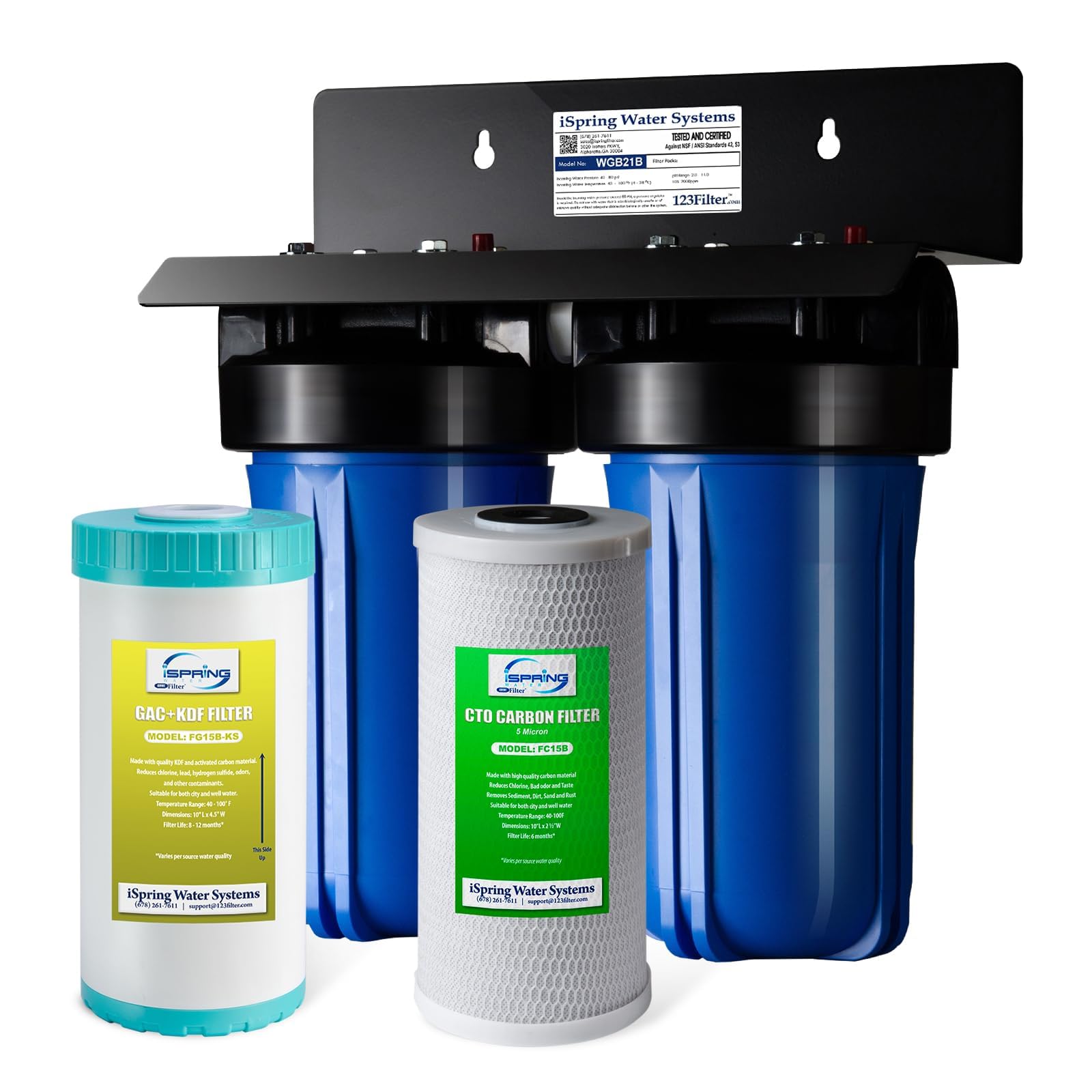 iSpring WGB21B-KS 2-Stage Whole House Water Filtration System with 10" x 4.5" Sediment CTO(Chlorine, Taste and Odor) Filter,KDF+GAC filter, Removes Chlorine, Iron, Lead, Odor and More, 1" Inlet/Outlet