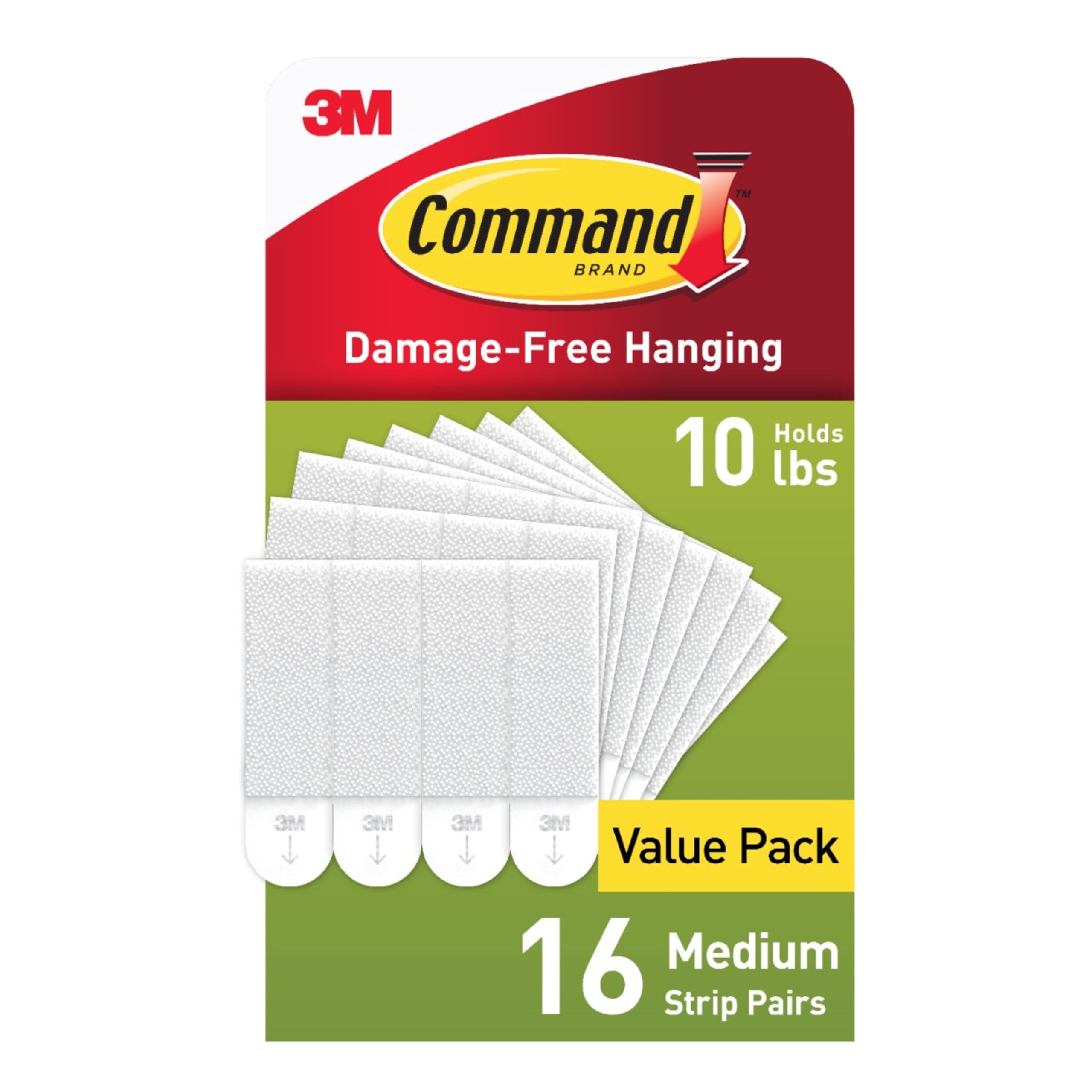 3M PH204-16NA Command Picture Hanging Strips, Medium, White, Holds up to 12 lbs, 16-Pairs, Easy to Open Packaging Hardware