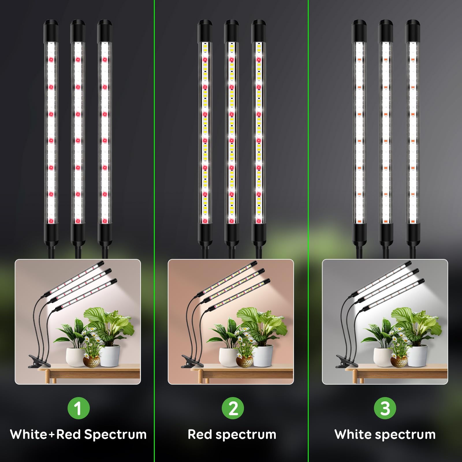 3 teste di luce per piante, Lampada per Piante LEDs, Lampada Piante Coltivazione, Luce di crescita a spettro completo, Lampada di Crescita con Timer Auto on/off 6/12/18H per Frutta Verdure Fiore