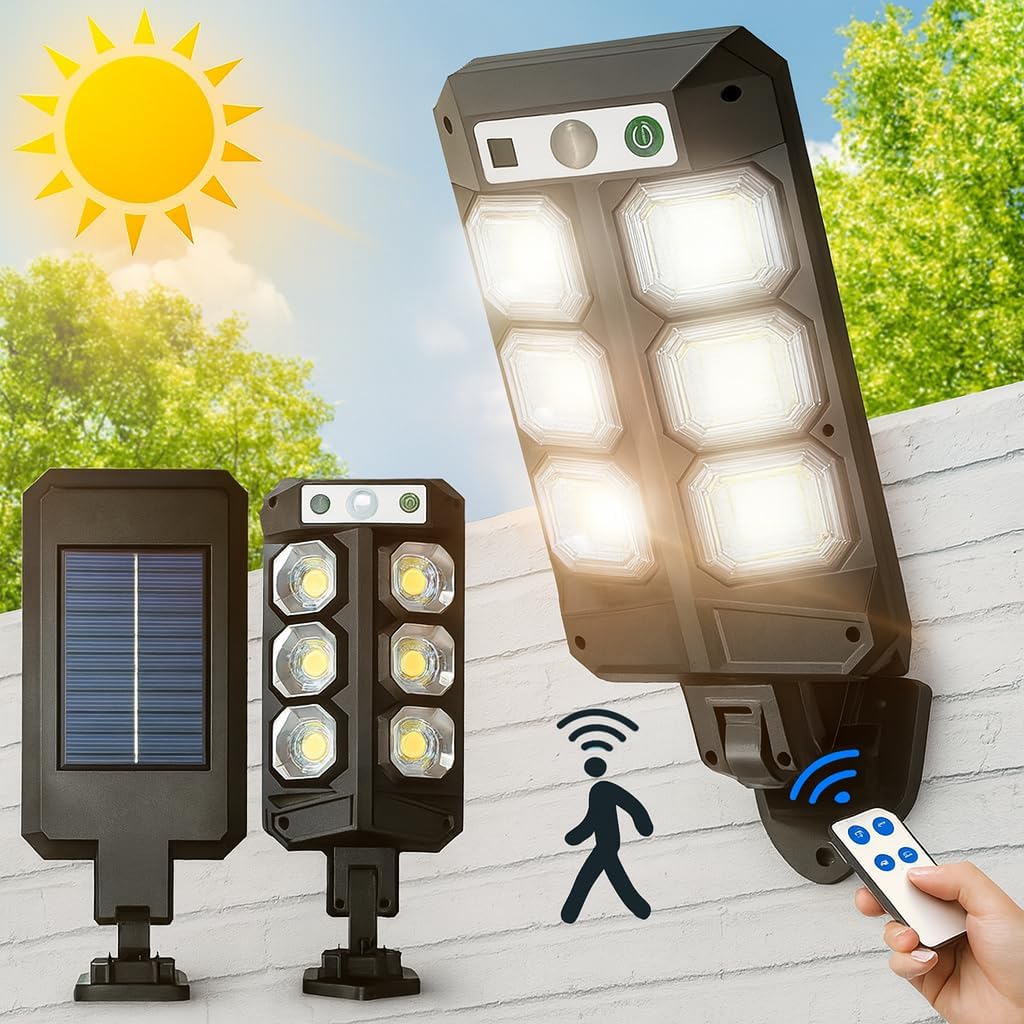 Luminária Solar Refletor Poste Super Potente Premium Led Sensor de Presença 3 Modos de Iluminação Controle Remoto Prova D'agua 8 Janelas