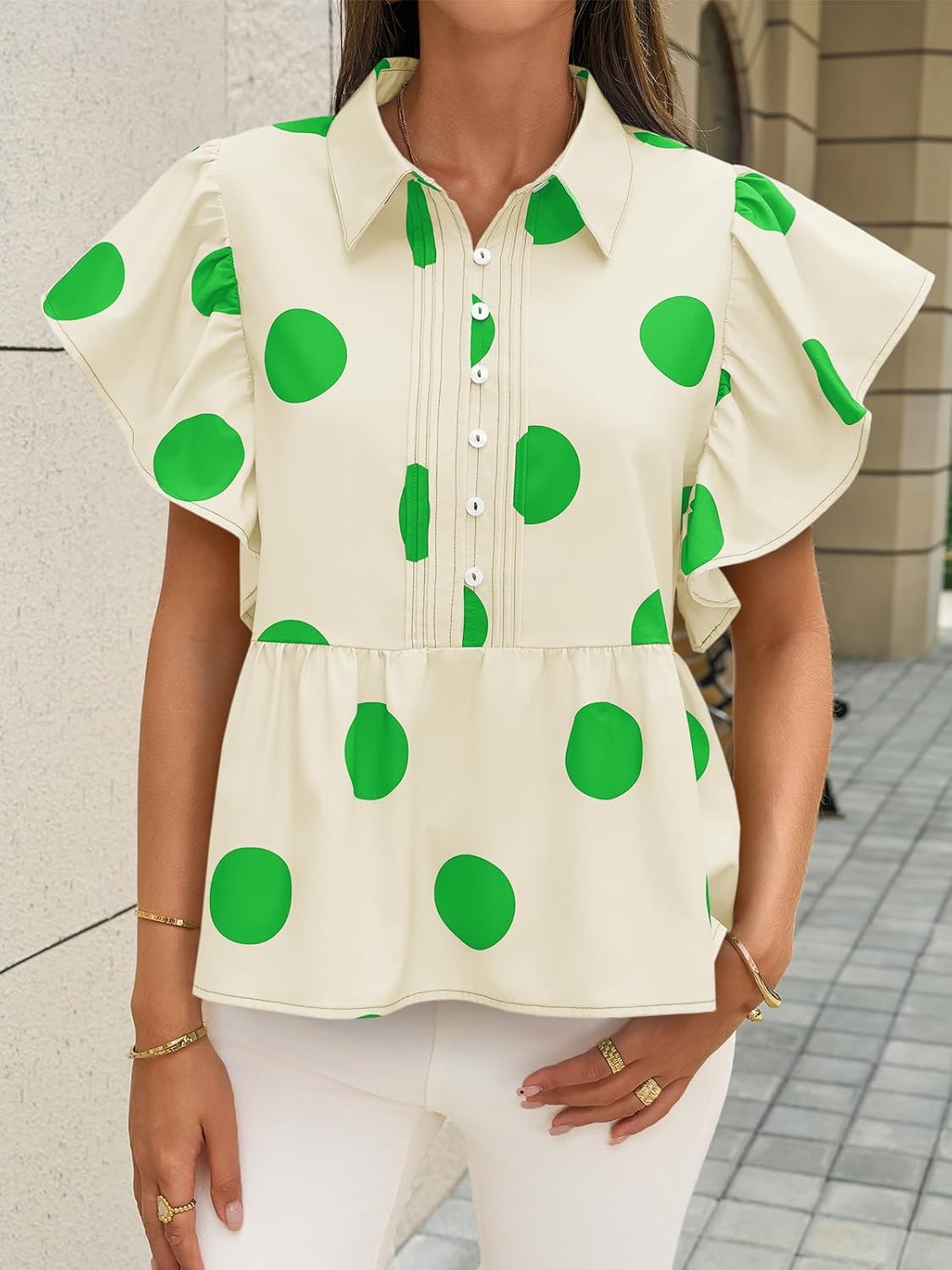 Cicy Bell Womens Polka Dot Babydoll Tops Peplum Ruffle Cap Sleeve Blouses Summer Casual Half Button Up Shirts - Image 5