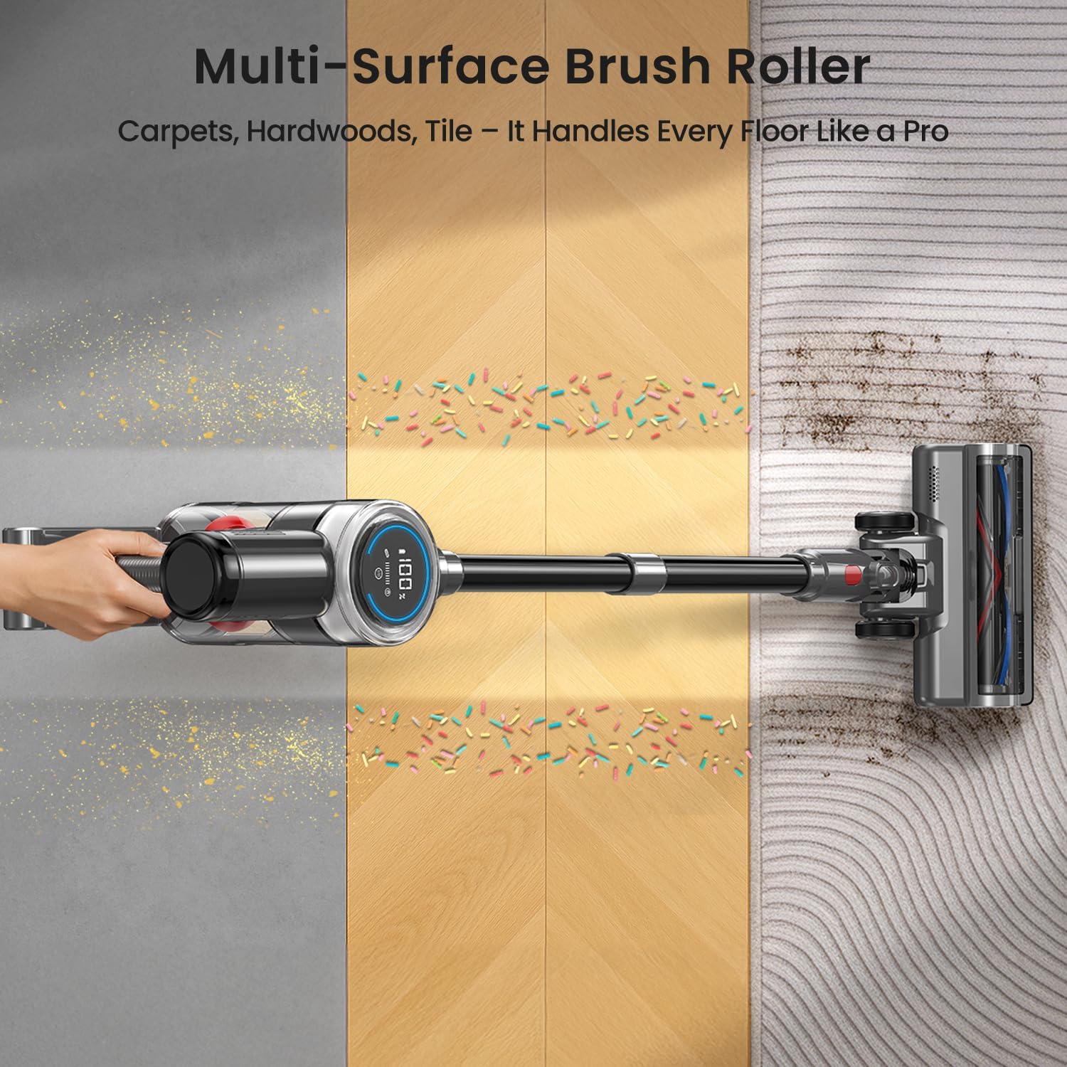 Xlife P2 vacuum cleaning different floor types: carpet, hardwood, and tile