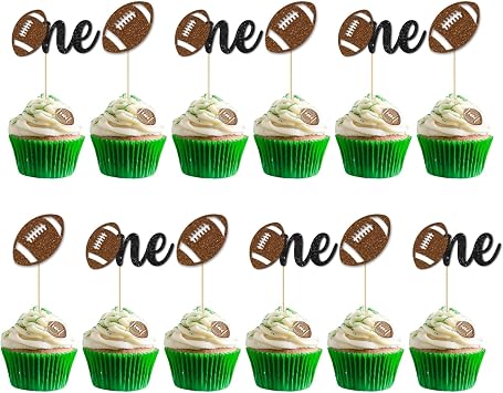 24PC Football 1st Birthday Cupcake Toppers for Baby Boy,Glitter Sports Football One Cupcake Toppers for First Down Birthday Party Decorations Supplies