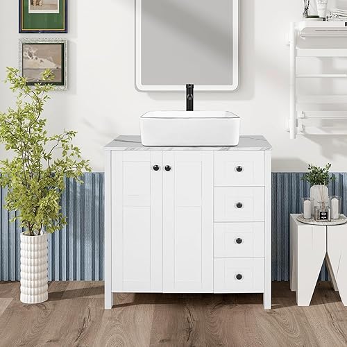 Miniatura 2 de Puluomis Tocador de baño de 32 pulgadas, gabinete de pedestal moderno, accesorio blanco de madera, sin espejo