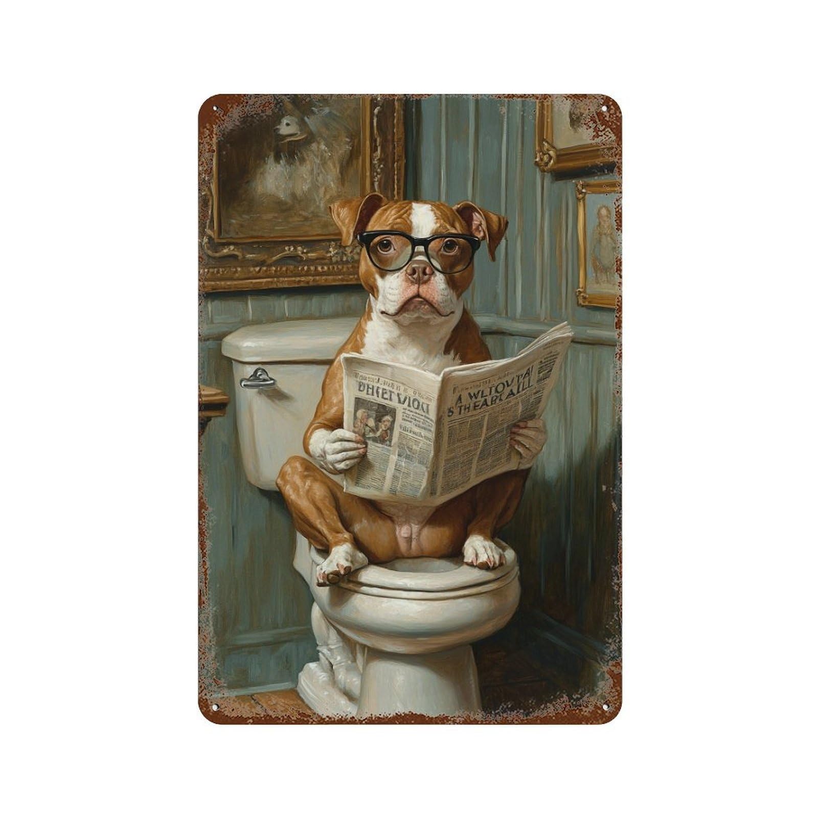 Garage Style Dog Reading Newspaper on Toilet-11 Rustic Tin Plaque 11.8"x7.9", Farmhouse Wall Decor for Bar And Workshop