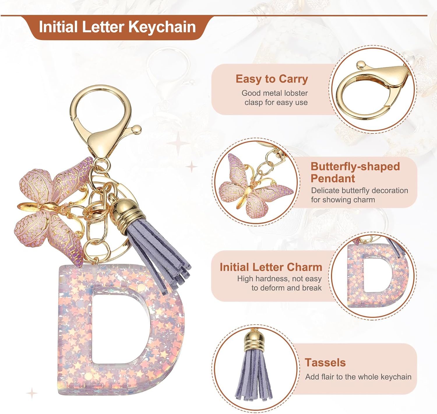 MECCANIXITY Initial Letter Keychain, Cute Tassel Butterfly Keychain Letter Charm for Women Girls Key Purse Handbag