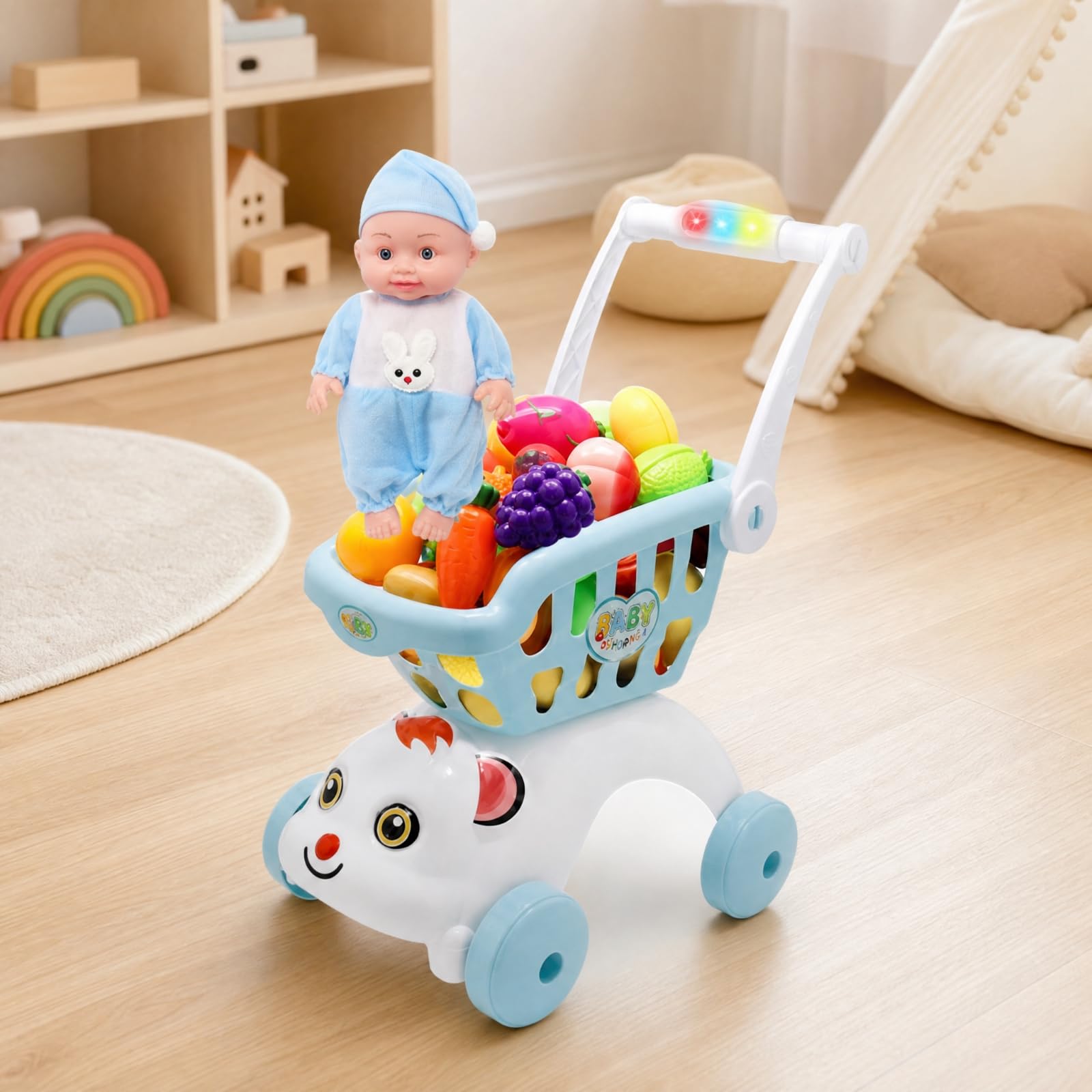 Carrello Spesa Giocattolo Sicuro Carrello Giocattolo con Prodotti Ortofrutticoli Finte Idea Regalo per Bambini, Gioco al Chiuso,