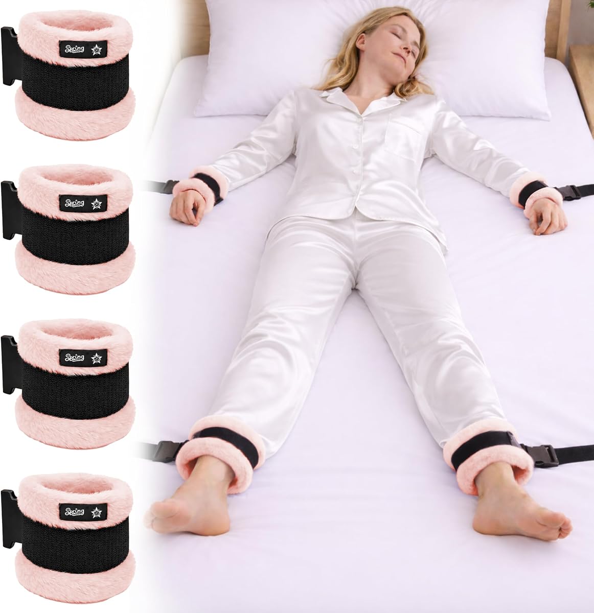 Medical Bed Restraints, Patient Wrist and Ankle Cuffs, 4 Pack | Soft Fluffy Cuffs, Adjustable Safety Straps, Quick-release Buckles, Easy-clean Design, For Bed Rails And Headboards, Pink