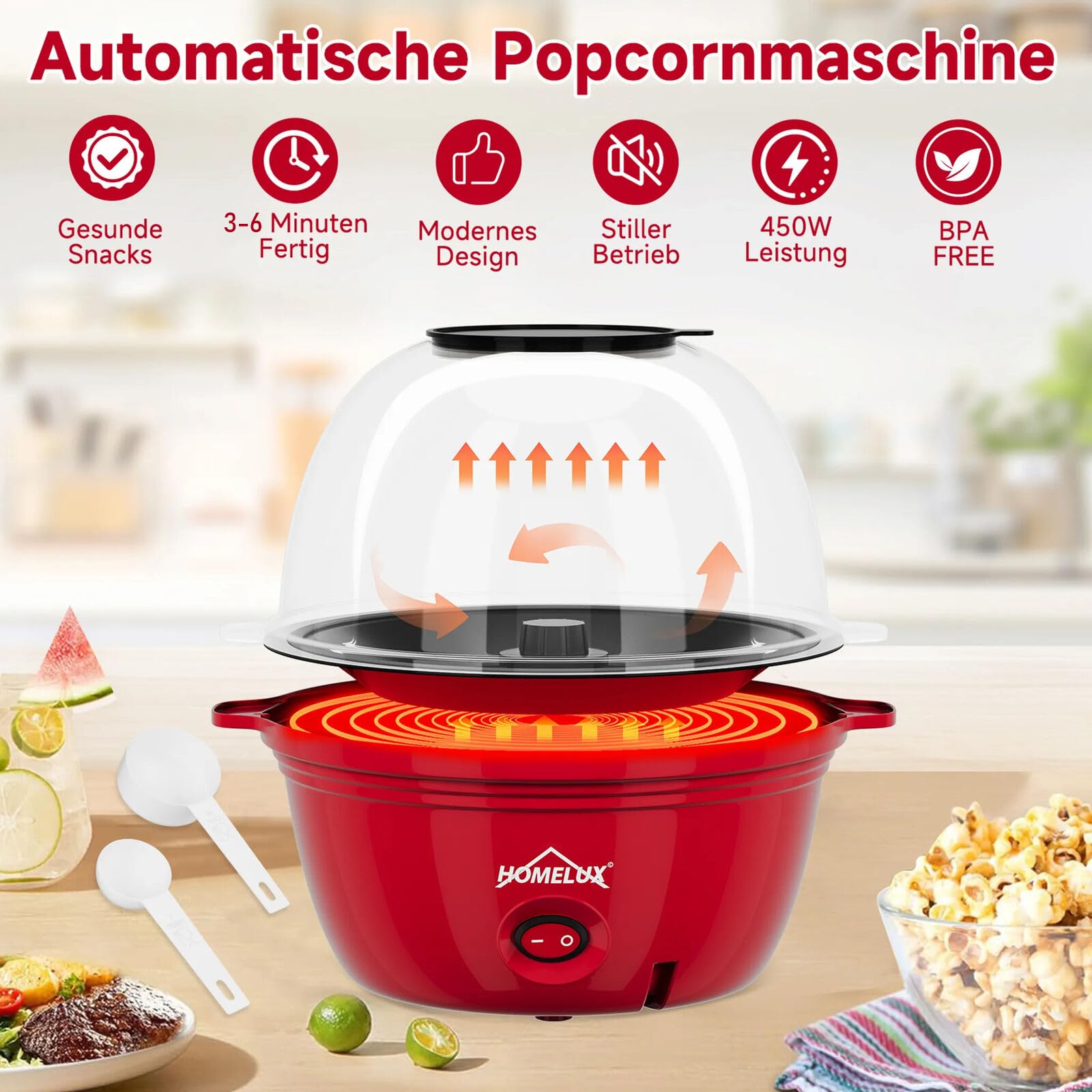 HOMELUX Mini macchina per popcorn da 450 W, rivestimento antiaderente con cucchiaio dosatore | Coperchio come ciotola da portata, silenziosa e veloce, macchina per popcorn per casa, feste e bambini, rosso