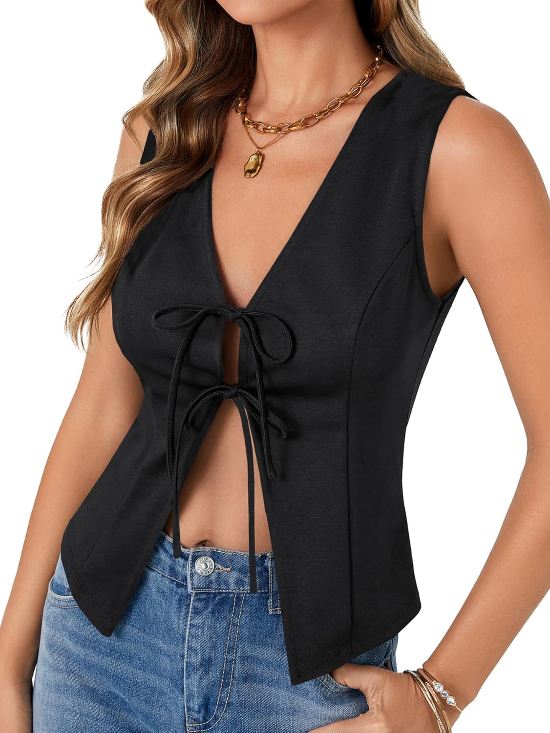 Vrtige Women's Bow Tie Open Front Deep V Neck Sleeveless Sexy Vest Tank Summer Top - Image 3