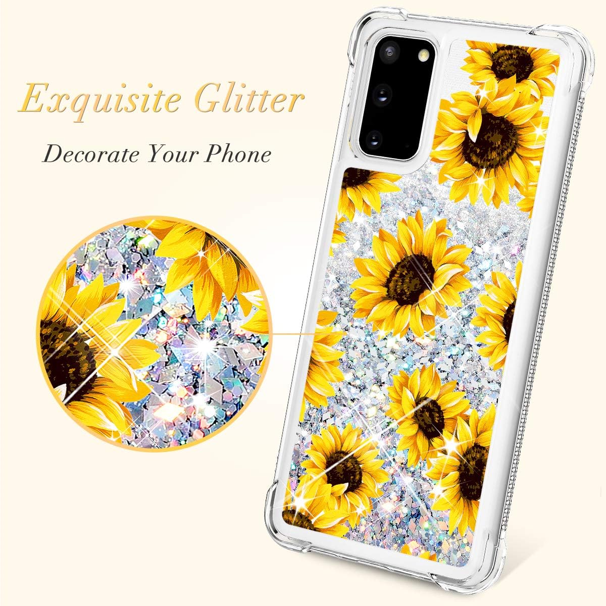 Caka Case for Galaxy S20 FE 5G Glitter Case for Women Girls Liquid Sparkle Luxury Fashion Flowing Floating Shining Glitter Quicksand Clear Phone Case for Galaxy S20 FE 5G (Sunflower)