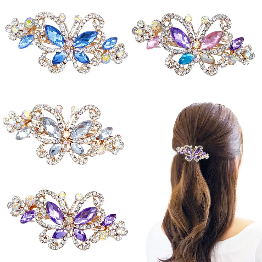 4 PCS Hair Clips for Women Ladies, Butterfly Design Crystal Rhinestones French Barrettes Spring Hair Barrettes Clip, Women Fashion Ponytail Holders Barrettes for Daily Wear (Multicolor)