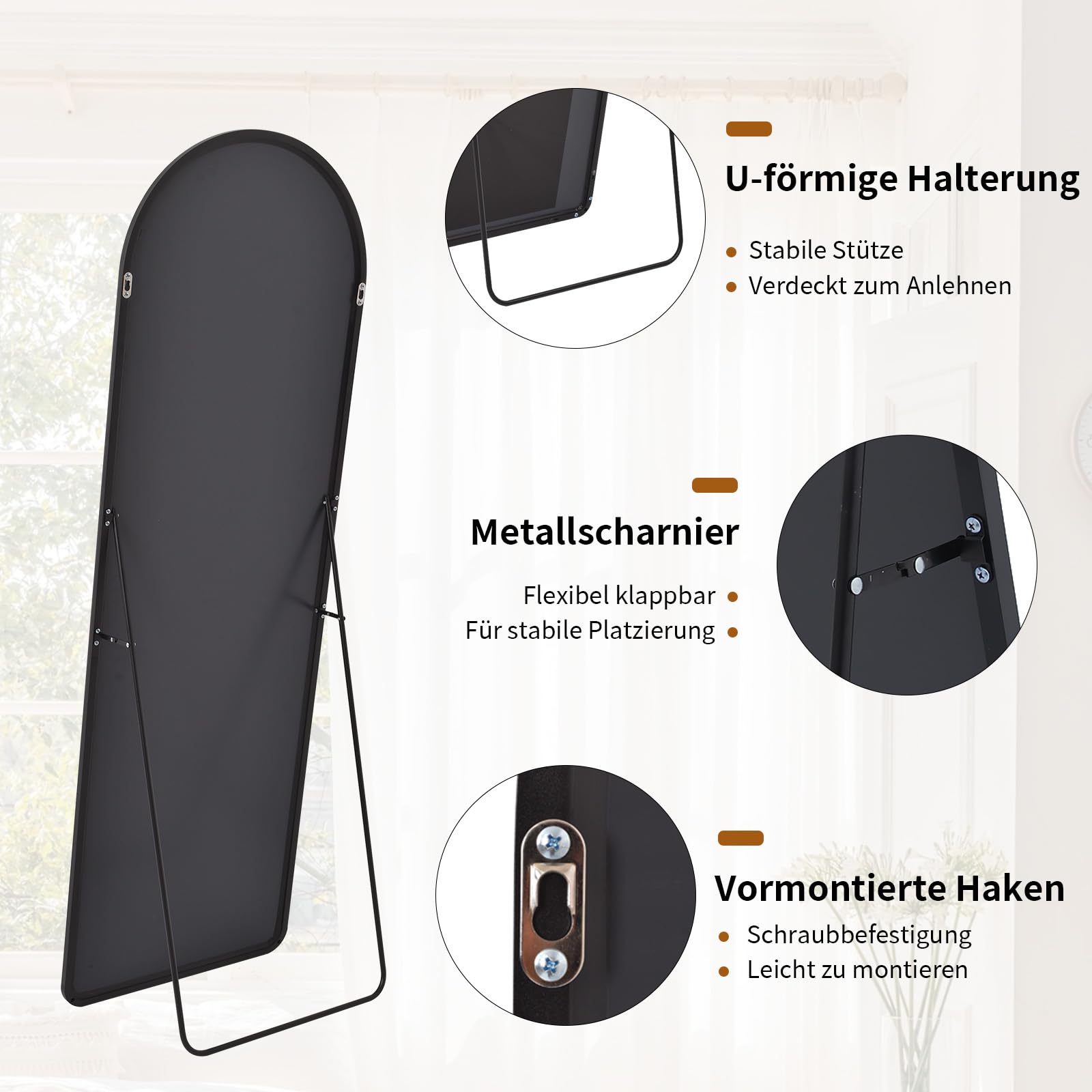 Koonmi 53 x 163 cm Gewölbter Top Ganzkörperspiegel mit Runden Ecken - Ganzkörperspiegel Groß Frei Stehend-Hängend-Lehnend, Boden Standspiegel als Ankleidespiegel für Wohnzimmer, Schwarz