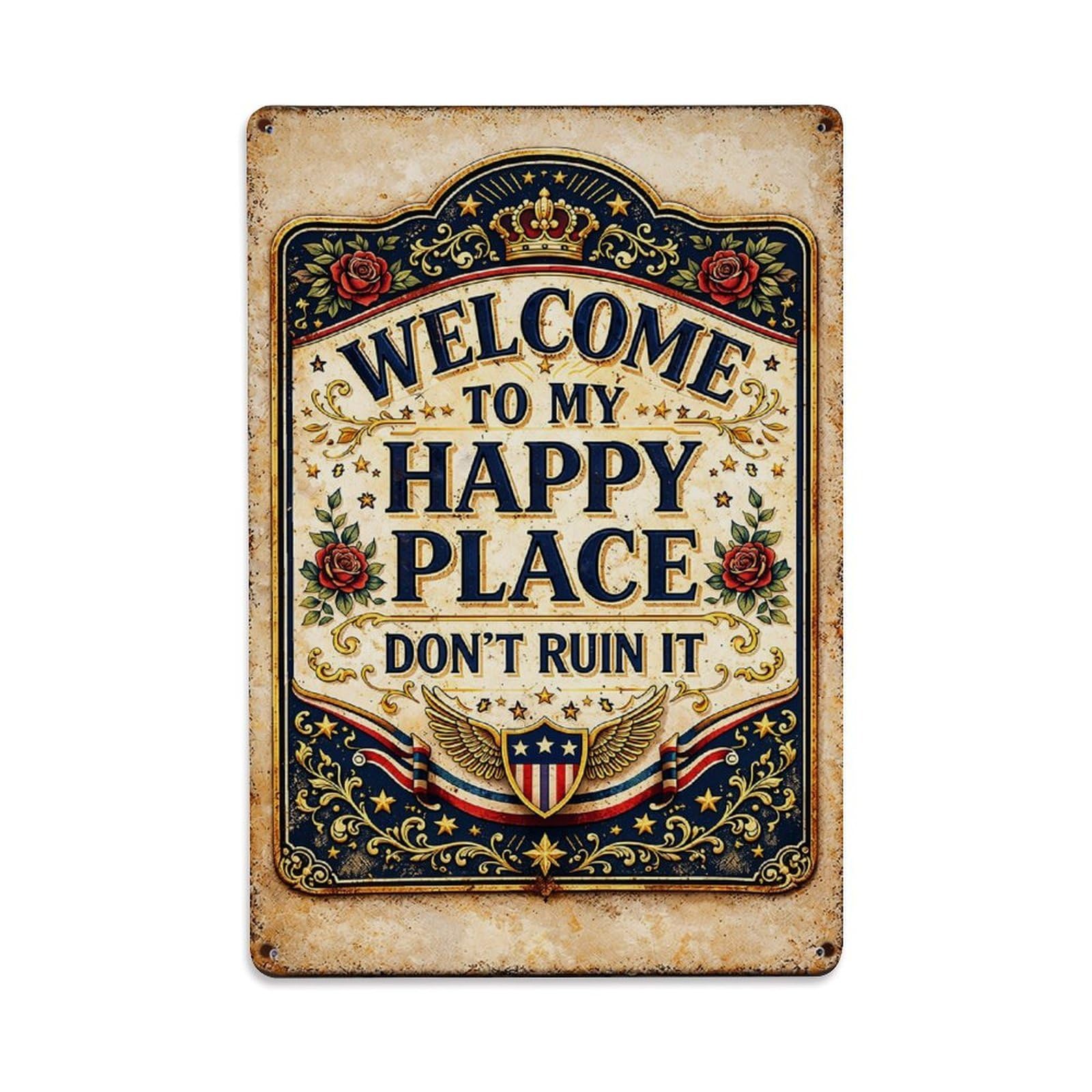 Nestemfo Vintage Welcome To My Happy Place Tin Sign Metal Sign, Living Room,Bar, Home, Bedroom Wall Decor,Retro Metal Poster 8X12 Inches
