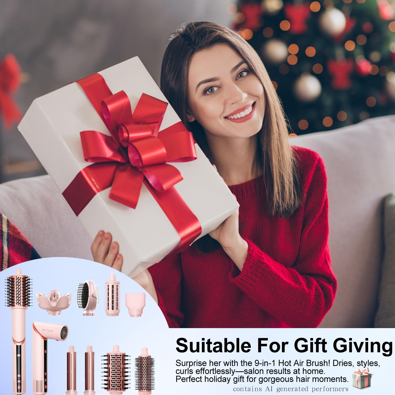 Dryhsip Warmluftbürste, 9 in 1 Hairstyler, Föhnbürste mit Ionen-Technologie, Airstyler mit Diffuser Haare Föhn Glätten,Lockenstab Automatisch, Haarglätter，Flex Temperaturen，Eurostecker
