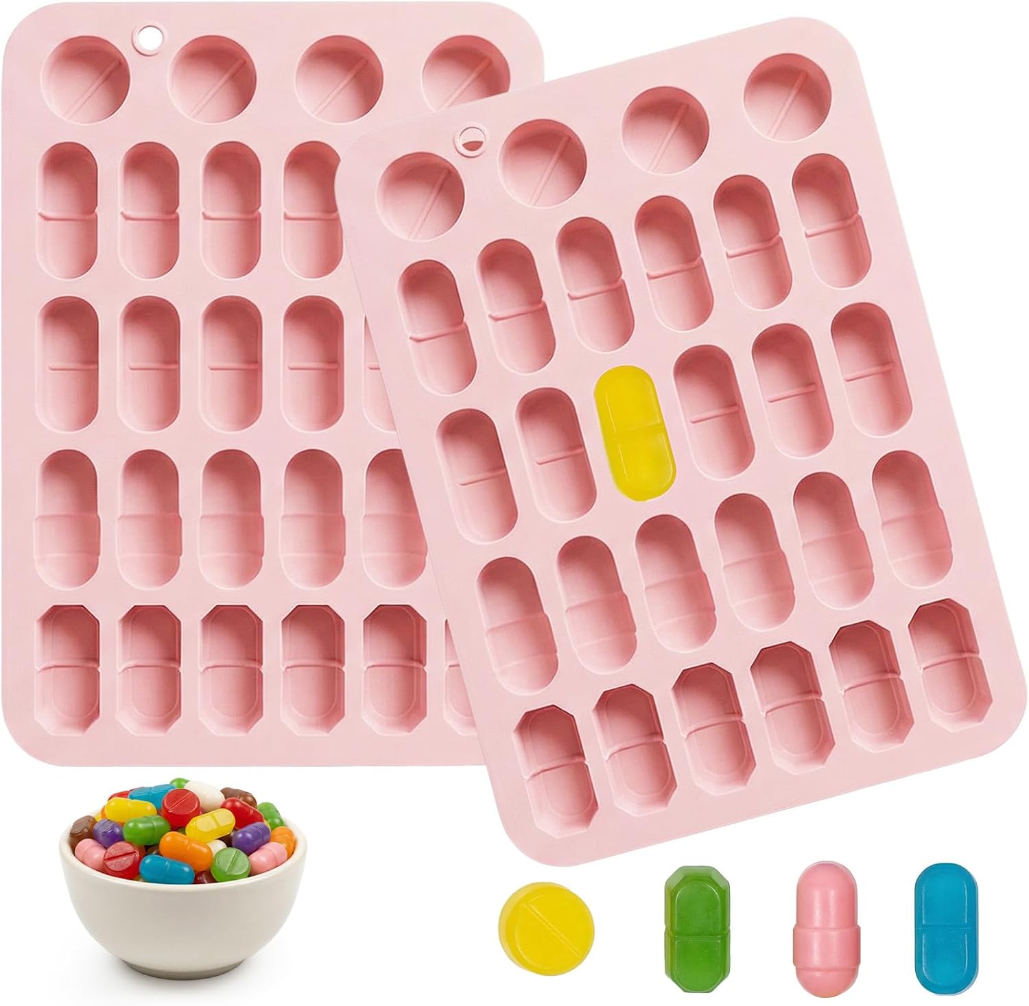 2 Pcs Silicone Pill Mold Trays for Making Pills, 28-Cavity 5 Different Pill Silicone Molds Capsule Shaped Candy Molds for Chocolate Ice Cube Gummy Mold for Making Pills, Pink