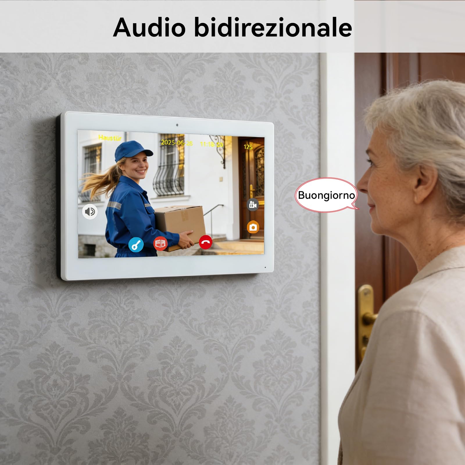 Sistema di videocitofono a 2 fili KW02, 1080p e Audio Bidirezionale, sblocco remoto porta/cancello, controllo accessi APP/RFID, touch screen da 10.1 pollici, Rilevamento Presenza, Bianco