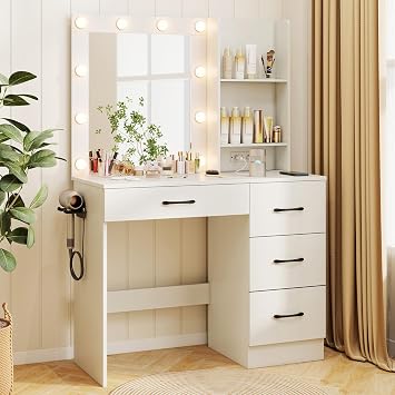 CHARMAID Vanity Desk with Mirror and Lights, White Makeup Vanity Desk with 4 Large Drawers, 2 Storage Shelves, Charging Station, 3-Color Lights Adjustable, Modern Dressing Table for Bedroom