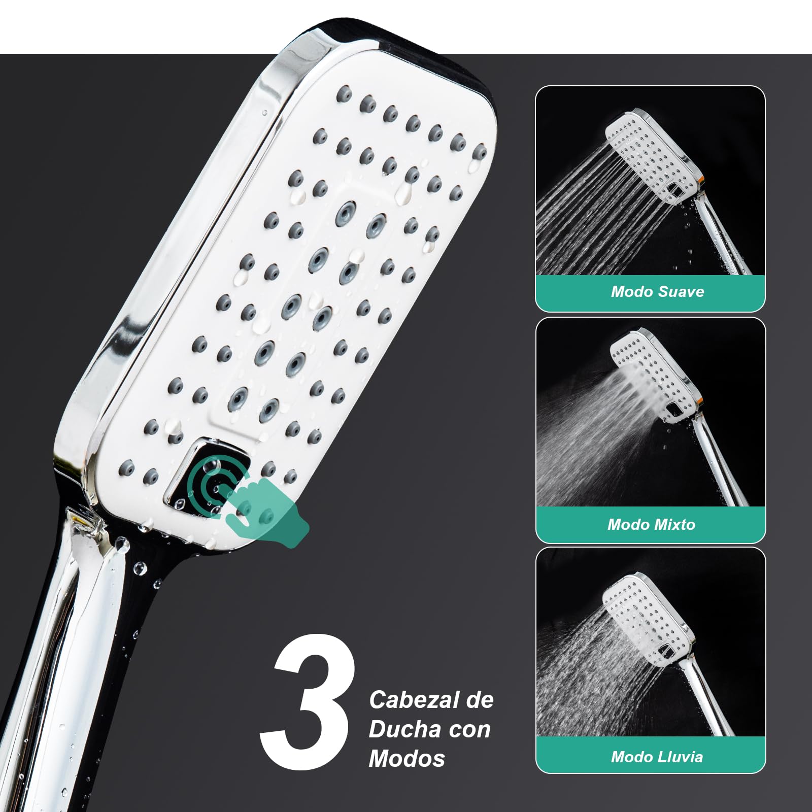 OFFO Conjunto de Ducha, Columna Ducha sin Grifo, 20x20cm Ducha de Lluvia de Acero Inoxidable, Con Manguera Ducha 1,6m y Barra de Ducha de Altura Ajustable, Cromo