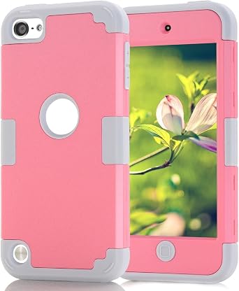 iPod Touch 7/6/5 Case - Dual Layered Hard PC + Silicone Shockproof Heavy Duty High Impact Armor Hard Cover Pink+LightGray