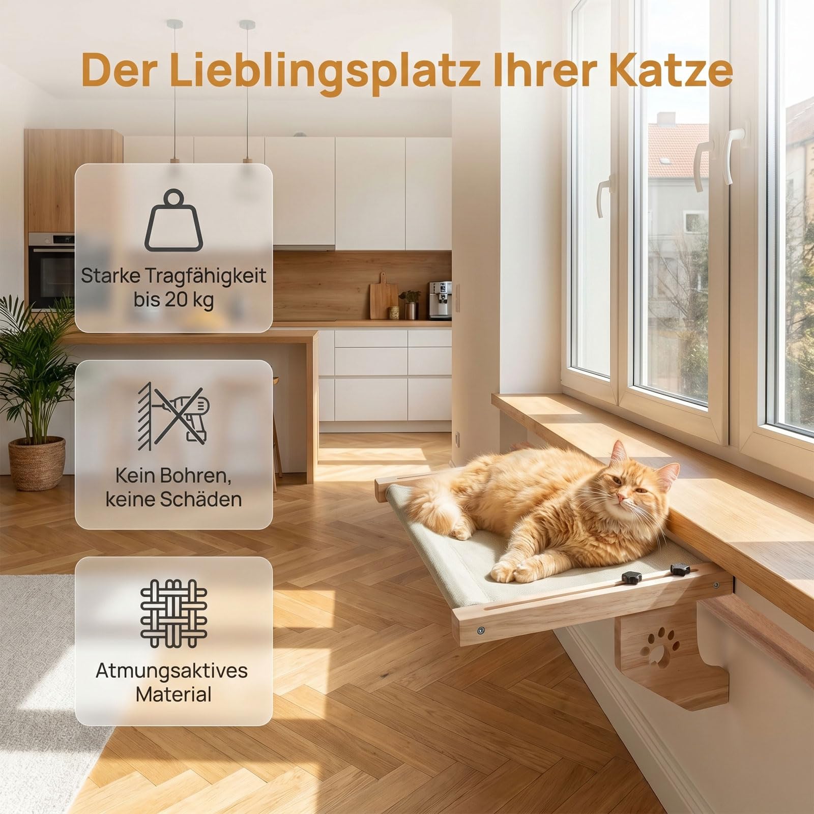 Fensterliege für Katzen – Hängende Katzenliege mit Klettverschluss, Größe 55 x 38 cm, Robuste Holzhängematte für Heizkörper und Fensterbank, verstellbar zum Aufhängen und Aufstellen auf dem Boden