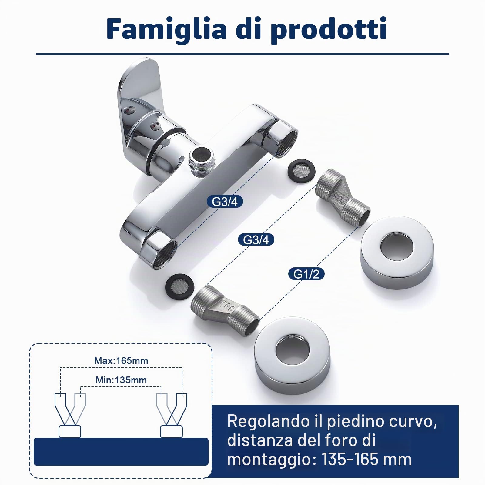 Miscelatore Monocomando per Doccia, Rubinetto Doccia Miscelatore, Miscelatore per Doccia da Muro,1/2 uscita, Cromo