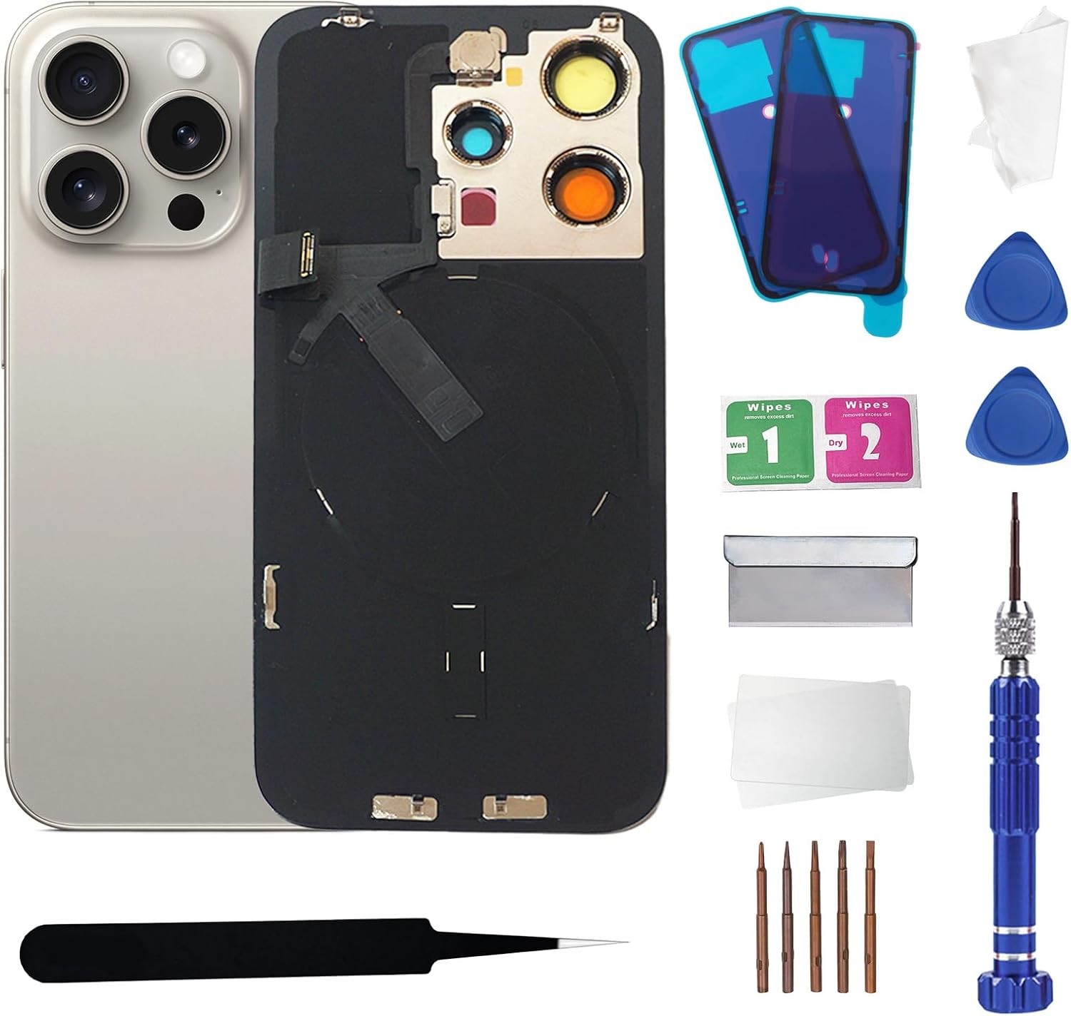 15 Pro Max Back Glass Replacement with Wireless Charging Flex Cable and Camera Frame All Parts for iPhone 15 Pro Max(6.7Inch,Natural Titanium) Replacement of Equipment Waterproof Tape
