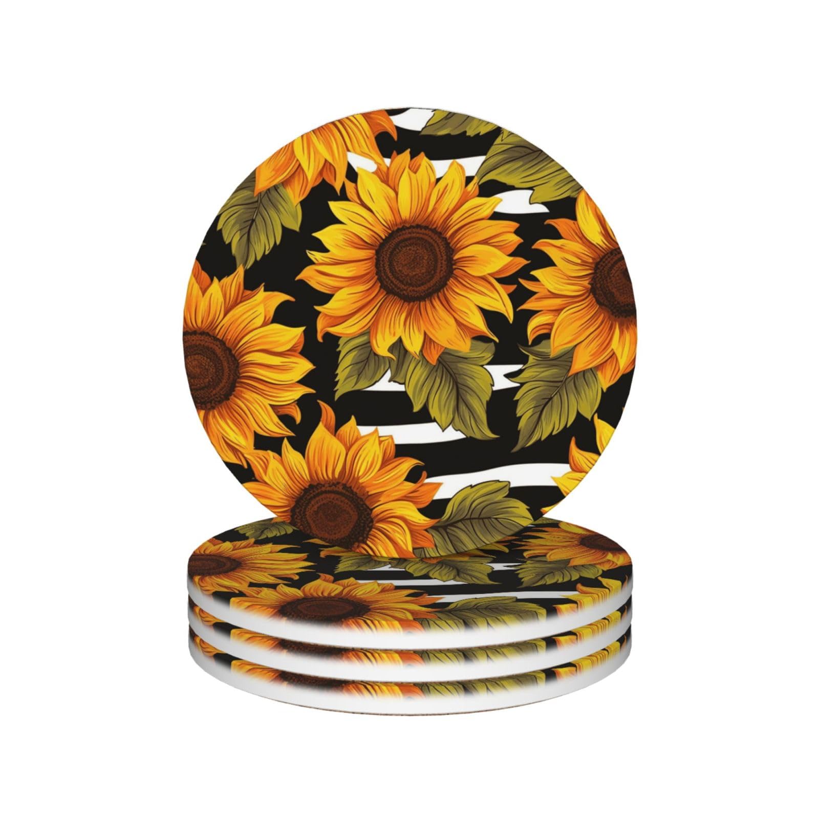 Drink Coasters 4Pcs Round CeramicCoaster with Holder Sunflowers Coasters for Drinks Coffee Cup Mat Heat Resistant Coaster for Tabletop Protection Desk Accessories Office Home Decor