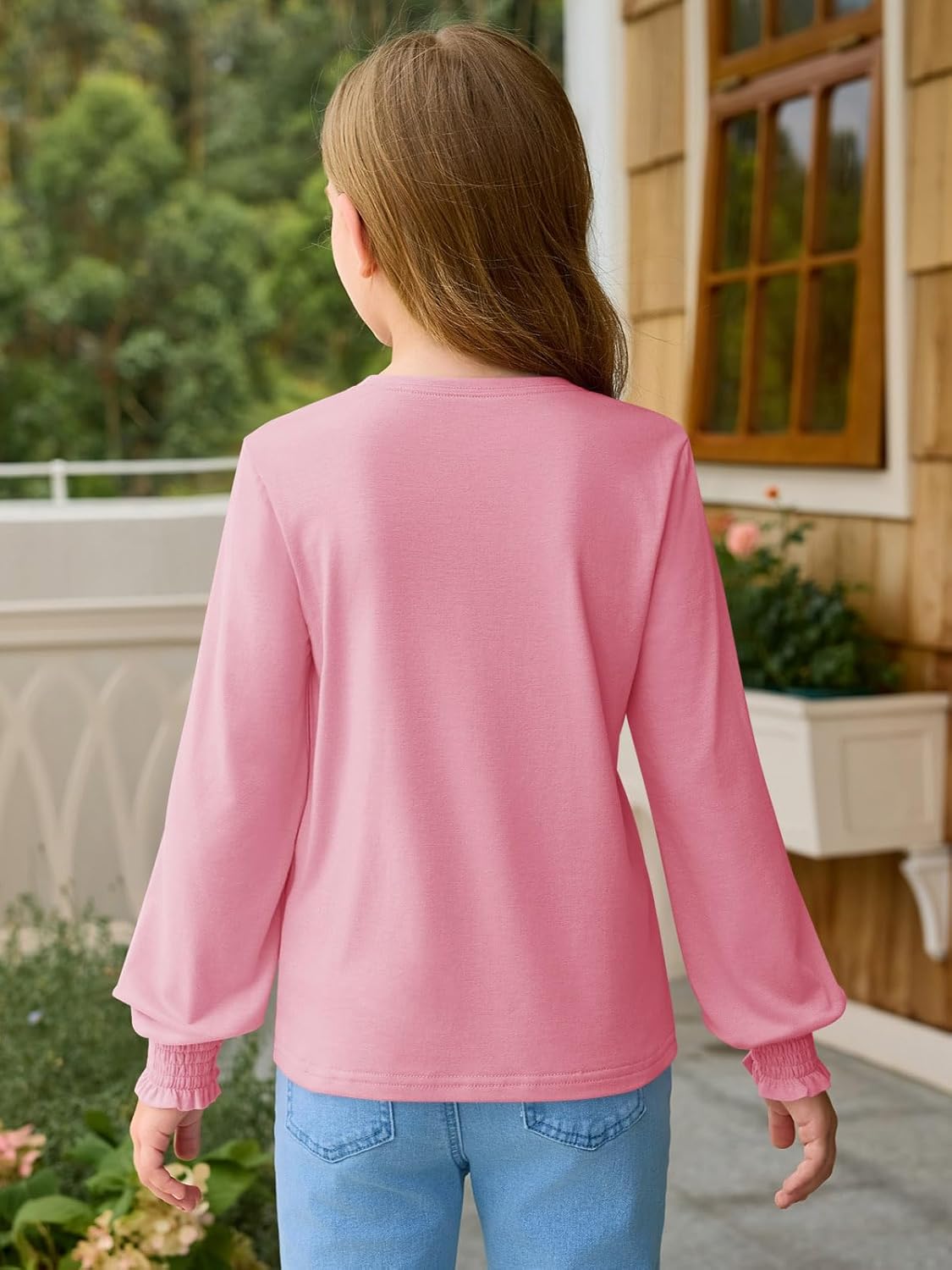 Haloumoning Girls Long Sleeve T Shirts Kids Fall Crewneck Tops Casual Smocked Cuffs Tees 5-14 Years - Image 5