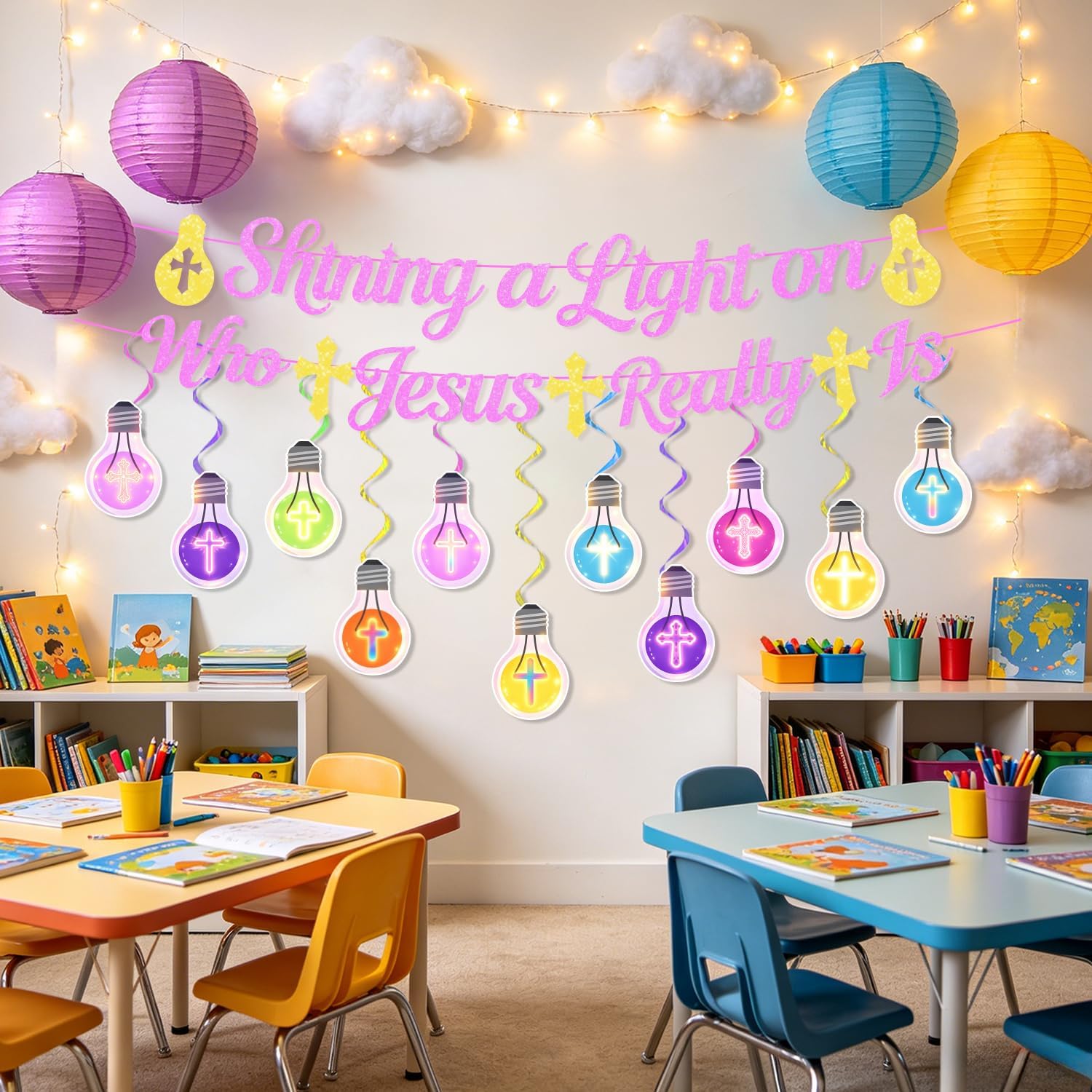 VBS 2026 Decorations Banner Set NO-DIY Glitter Shining a Light on Who Jesus Really Is Banner and Colorful Cross Light Bulb Hanging Swirls Religious Party Decor for VBS Church Classroom Supplies