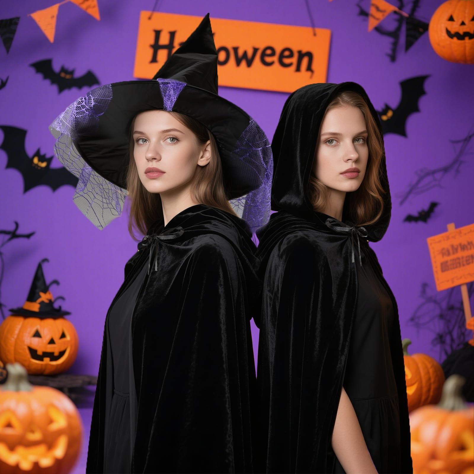 Halloween Witch Gothic Costume for Womens, 5 Pcs Witch Costume Set with Hat for Party Cosplay