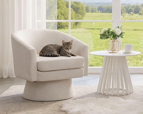 HNY Juego de 1 sillas decorativas modernas giratorias color beige, sillas de barril tapizadas de lino, acogedoras sillas de tocador con respaldo,
