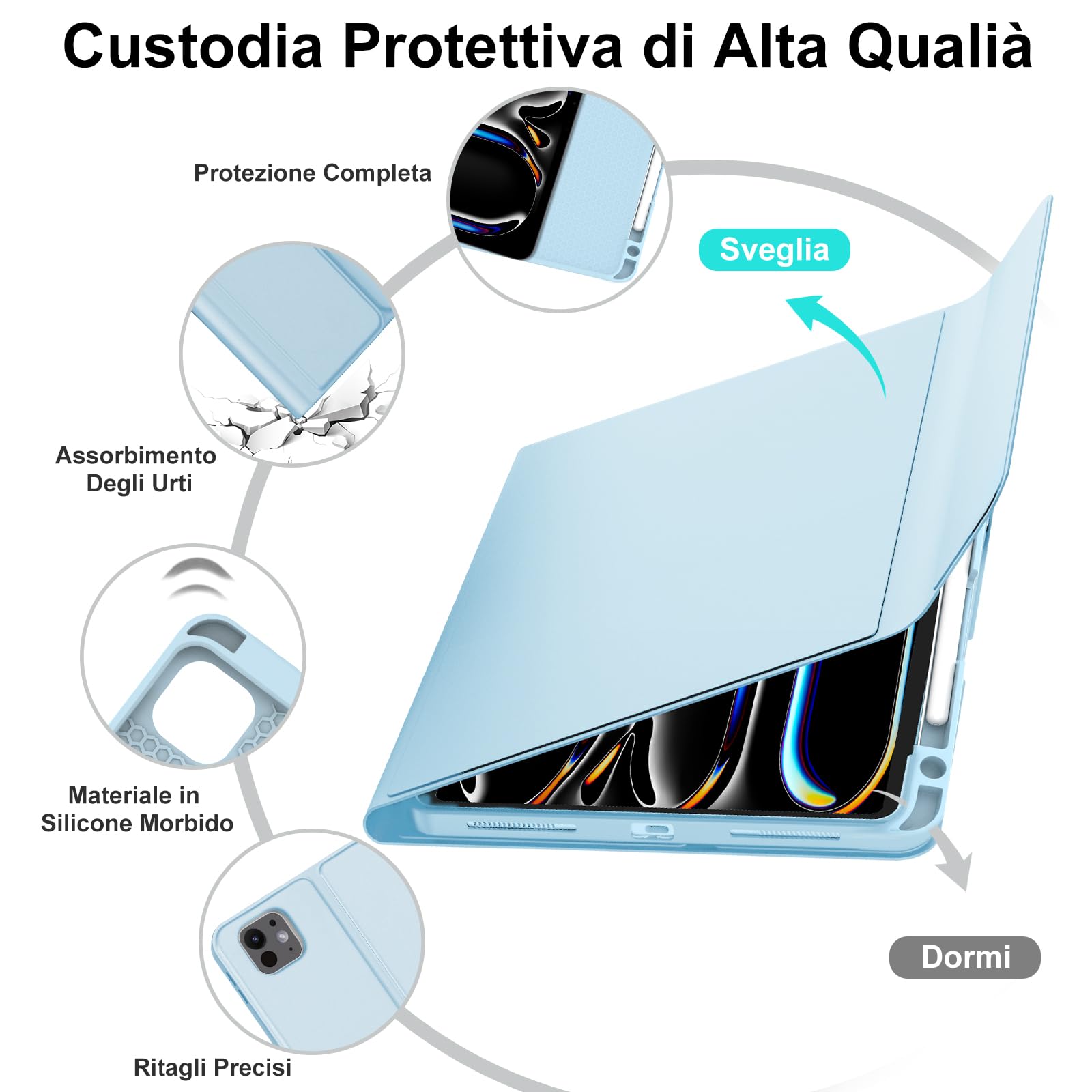 WINCHKING Custodia con Tastiera per iPad Pro 11" M5 2025/M4 2024, Cover Bluetooth Magnetica QWERTY Italiano Retroilluminata Tastiera per iPad Pro 11 Pollici (M5/M4, 2025/2024), Azzurro