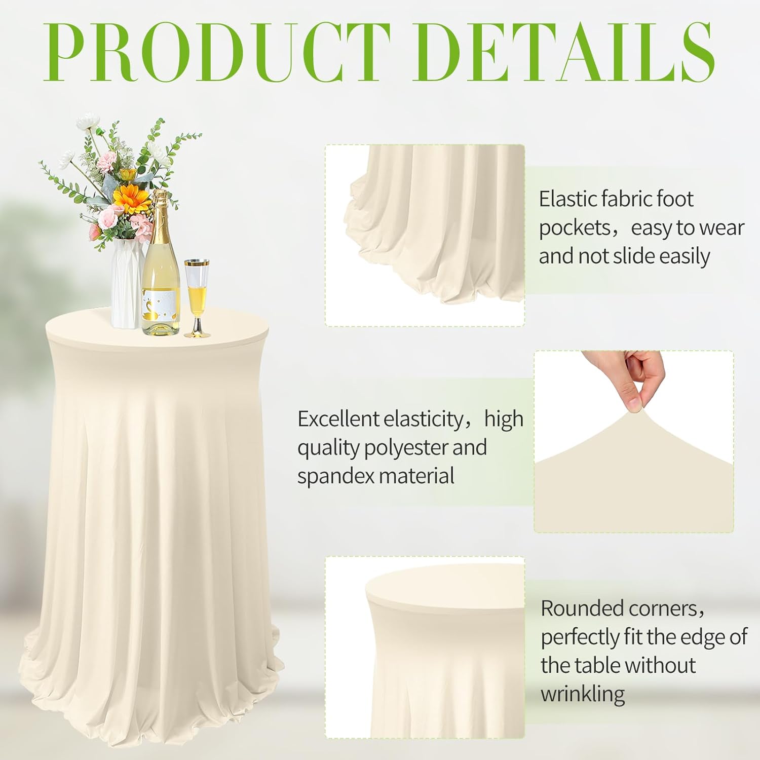 Tegeme 32 x 43 Inch Round Spandex Cocktail Tablecloths with Skirt Cocktail Round Table Cover Spandex Stretch Tablecloth for Fitted High Top Table Bar Wedding Party Banquet (Beige,1 Pack)