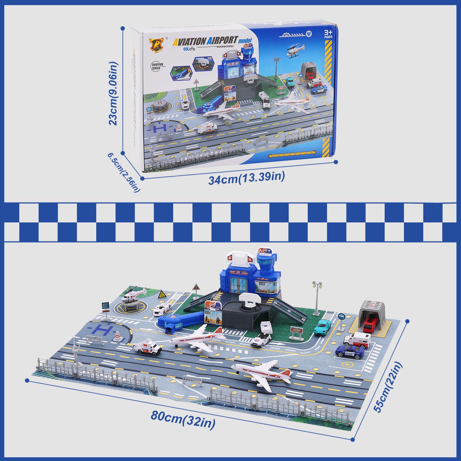 Airplane Car Toy Set for Toddler Airport Playmat with Helicopter Truck, Plane, Sign - Image 2